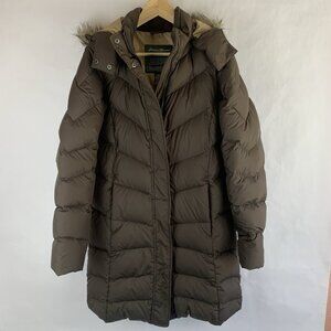 Eddie Bauer Womens Puffer Coat Quilted Goose Down Hooded Fur Jacket Medium Brown